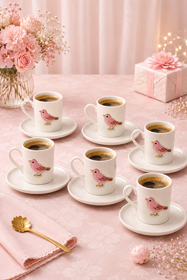 6-Person White Porcelain Coffee Cup Set with Pink Birds and Bird Figures 100ml