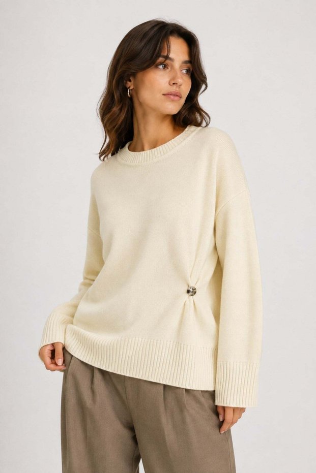 1045 Women's Crew Neck Side Buckle Detailed Knitwear Sweater Cream