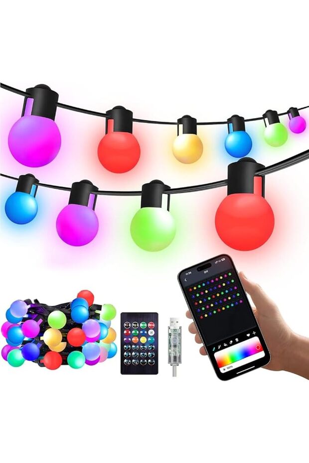 أضواء خارجية، سلسلة أضواء بطول 5 أمتار مع 25 مصباح LED كروي RGB قابل للتعتيم، تعمل بمنفذ USB