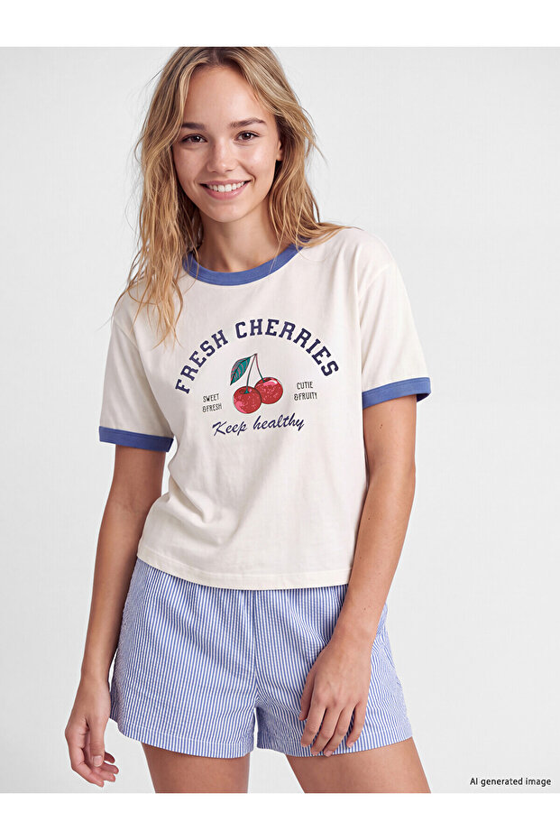 Two Mt Shop Quality Lcw Young White Combed Cotton Printed Short Sleeve Women's Shorts Pajama Set