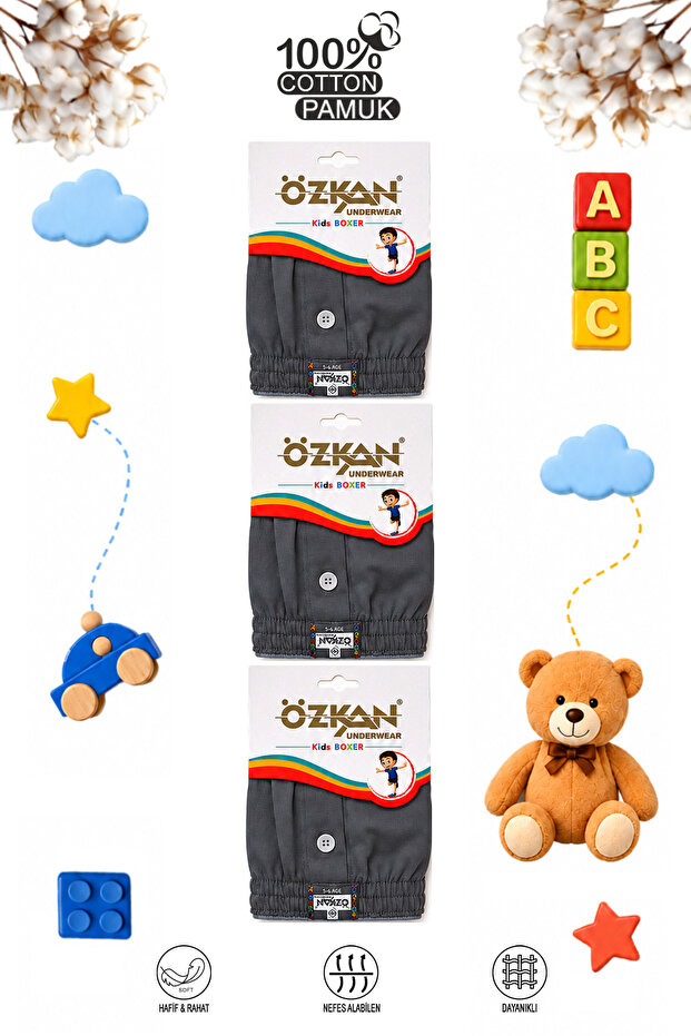 Özkan 31223 3-Pack Boys' 100% Cotton Premium Fabric Comfortable Classic Cut Single Jersey Combed Cotton Boxer Shorts Underpants