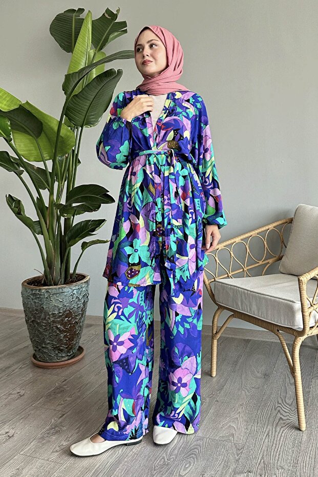 Floral Viscose Turquoise Double Set