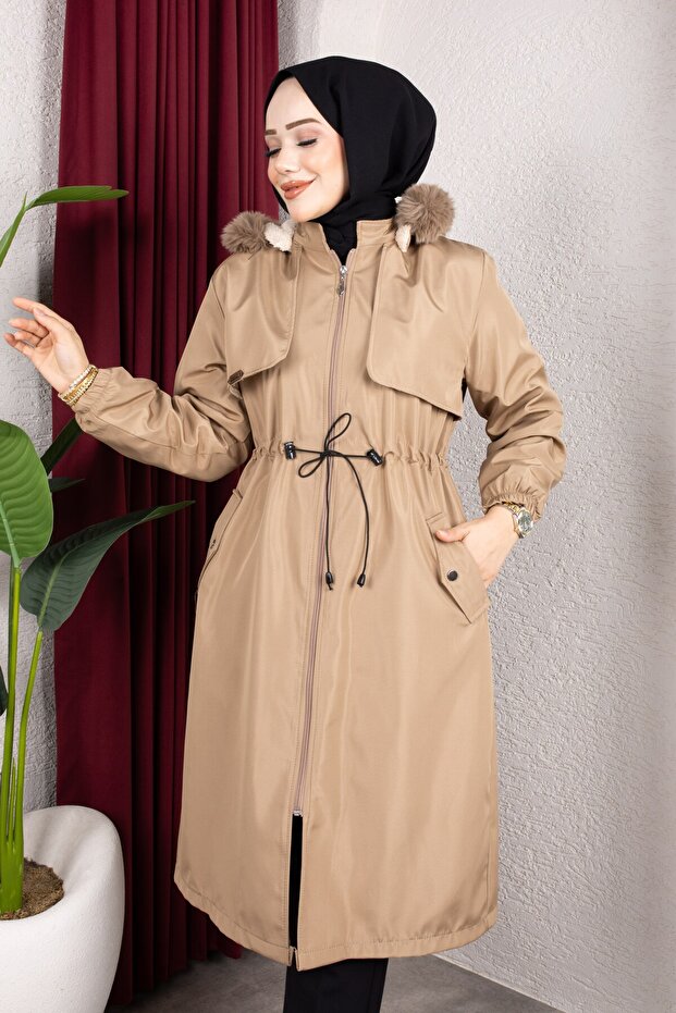 Detachable Hooded Fur and Welsoft Lined Front Allerli Hijab Coat 110cm - Mink