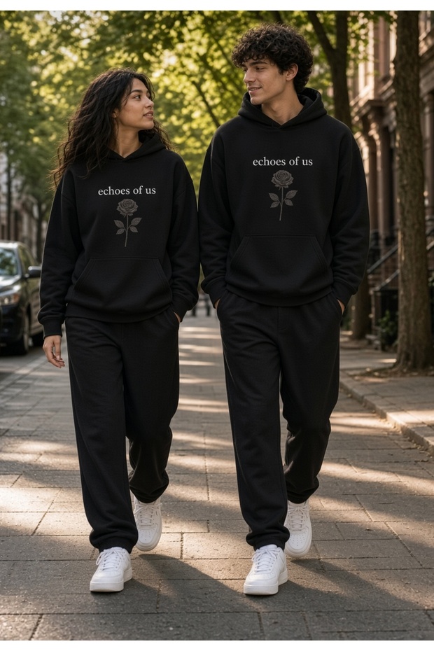Echo Couple Lover's Combination Unisex Blue Black 3 Thread Oversize Sweatshirt Tracksuit Set Couple Combination