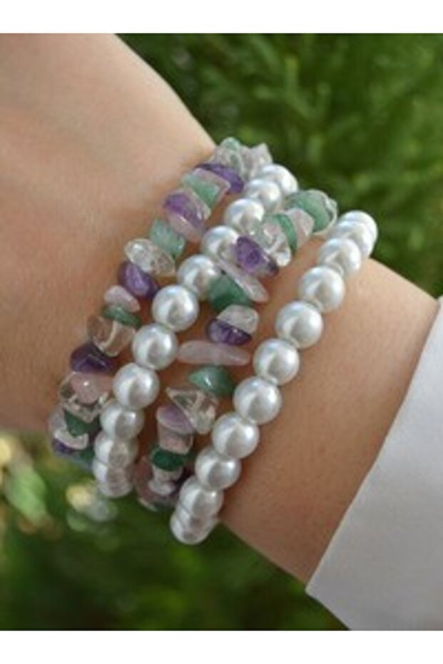 Crystal Quartz Amethyst Aventurine Pink Quartz and Glass Pearl Bracelet Set - Multicolor
