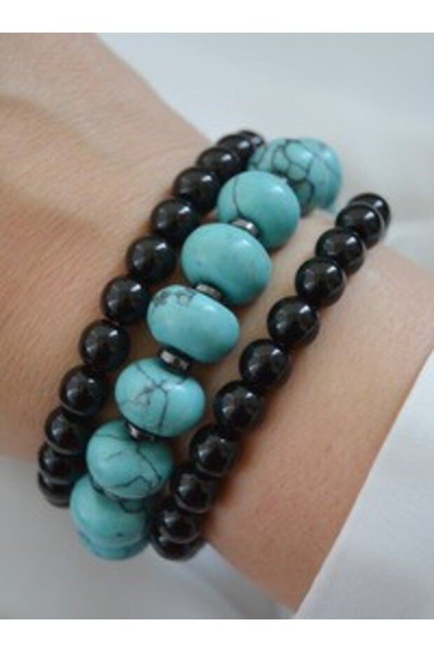 Turquoise Hematite and Onyx Stone Bracelet Set - Multicolor