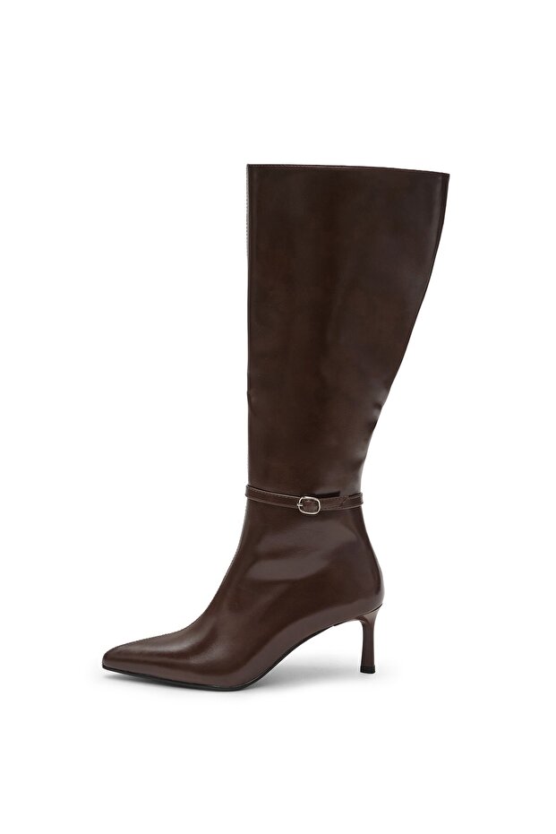 Brown Belt Detailed Women's Heeled Boots