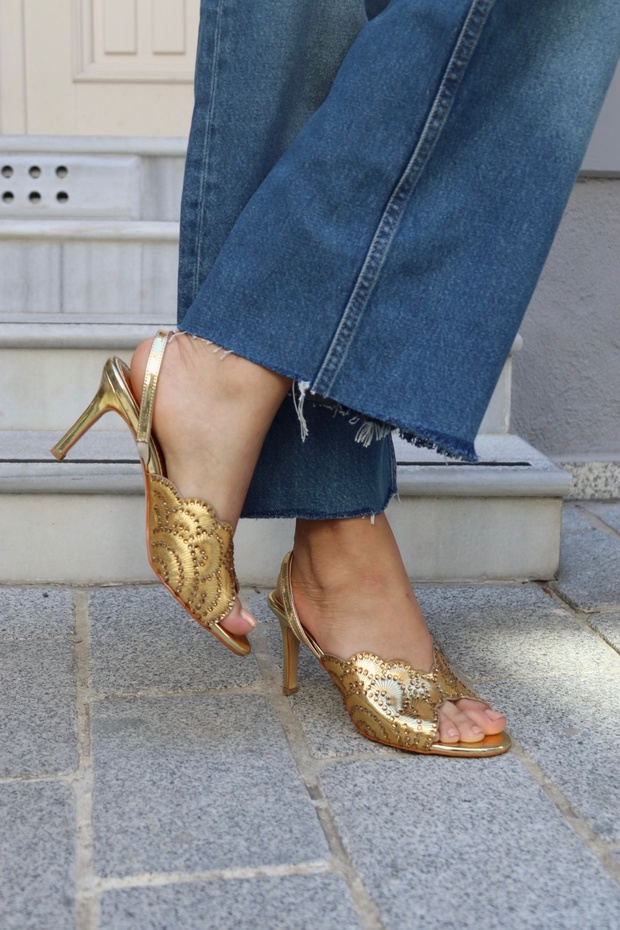 Women's Gold Laser Cut Stone Thin Heeled Slingback Sandals