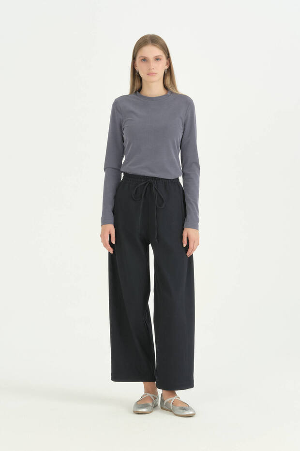 Elastic Waist Baggy Canvas Trousers - Navy Blue