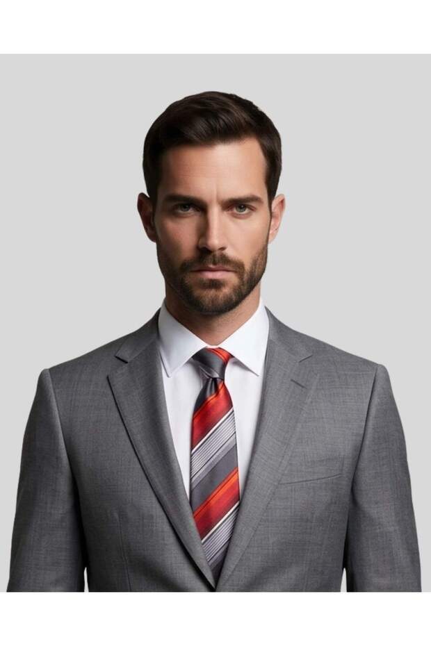 Orange White Striped Gray Silk Tie – 7.5 cm Wide