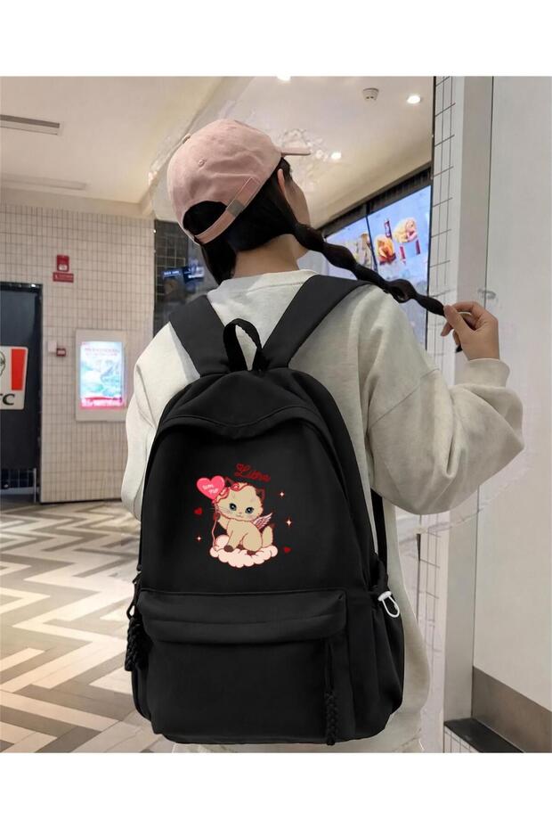 Black Cute Angel Cat Printed School, Class, Course Backpack