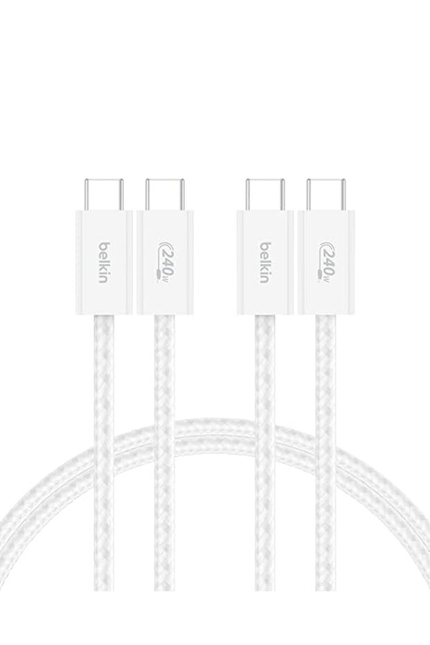 كابل بيلكن USB-C إلى USB-C مجدول (عبوة من قطعتين) بطول 5 أقدام وقدرة 240 واط - كابل شحن سريع ناعم ومرن، نوع C