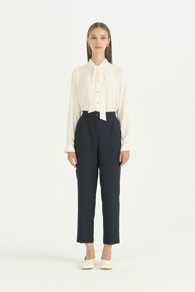 Carrot Pants with Elastic Waist - Navy Blue
