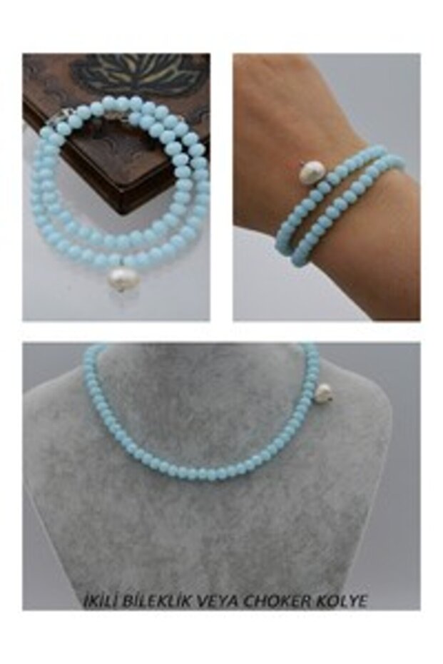 Pearl and Crystal Bracelet or Choker Necklace - Blue -