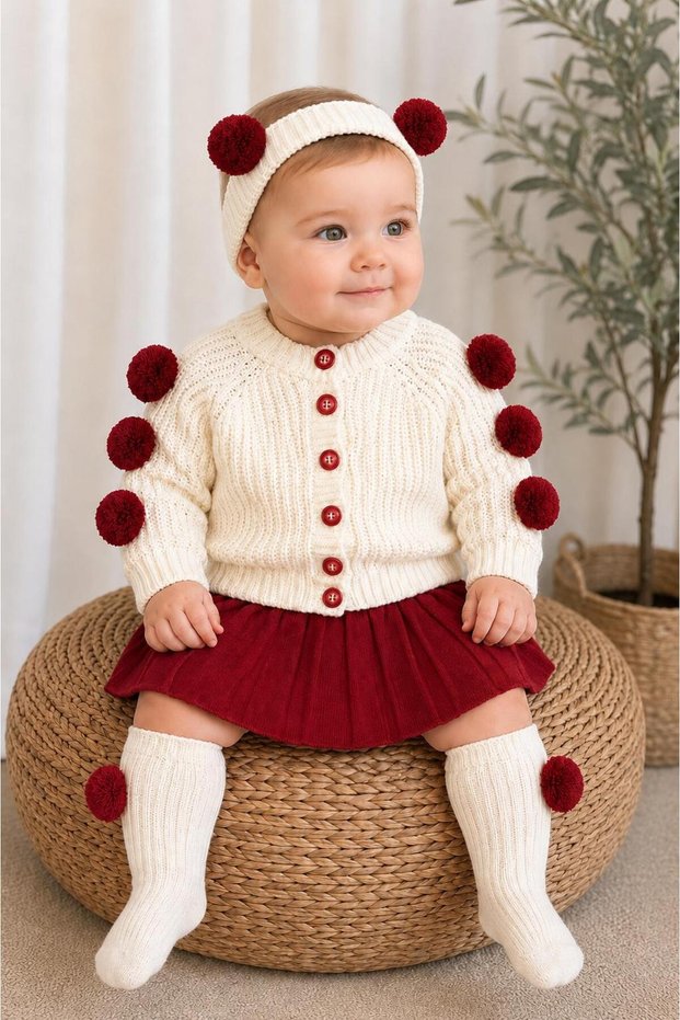 Baby Girl Pompom Knitwear 4 Piece Set Cardigan Skirt Bandana Socks Burgundy Cream
