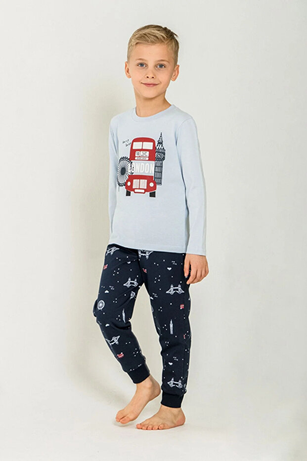 Boys' Pajama Set, Long Sleeve, 100% Cotton Combed Single Jersey, Round Neck, Beep Beep London Bus Printed
