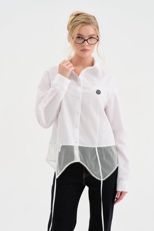 Women's 100% Cotton Skirt Hem Tulle Detailed Design Shirt