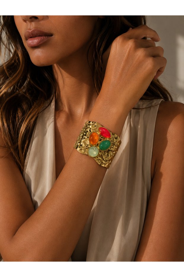 Premium Gold Color Natural Stone Detailed Statement Design Women's Bracelet