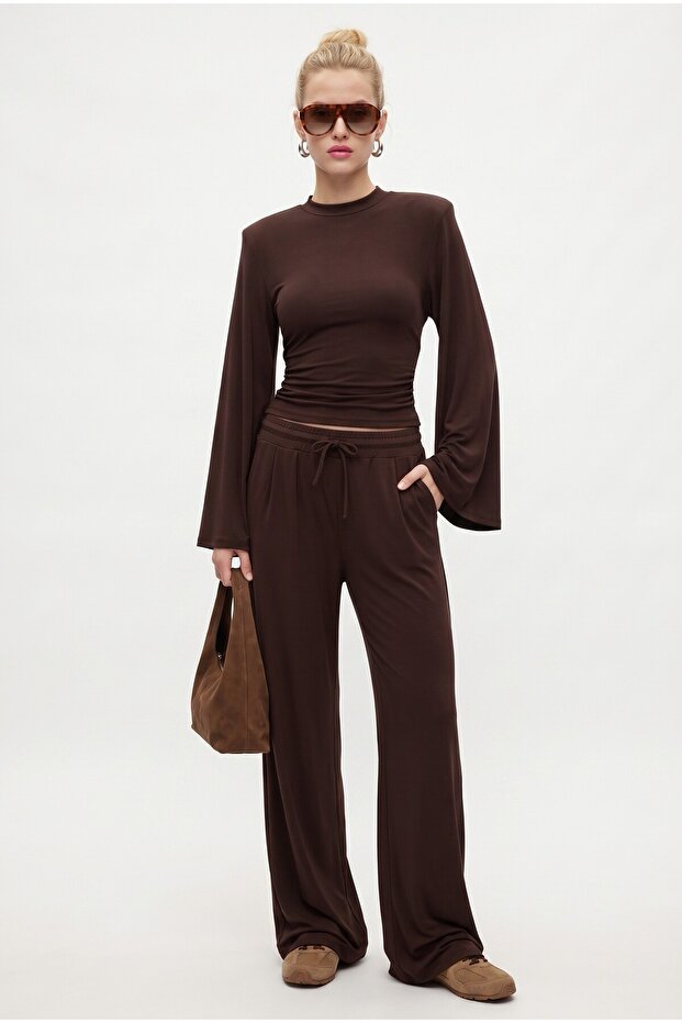Women's Cove Modal Touch Padded Back Lace-Up Blouse Elastic Pants Brown Bottom Top Set