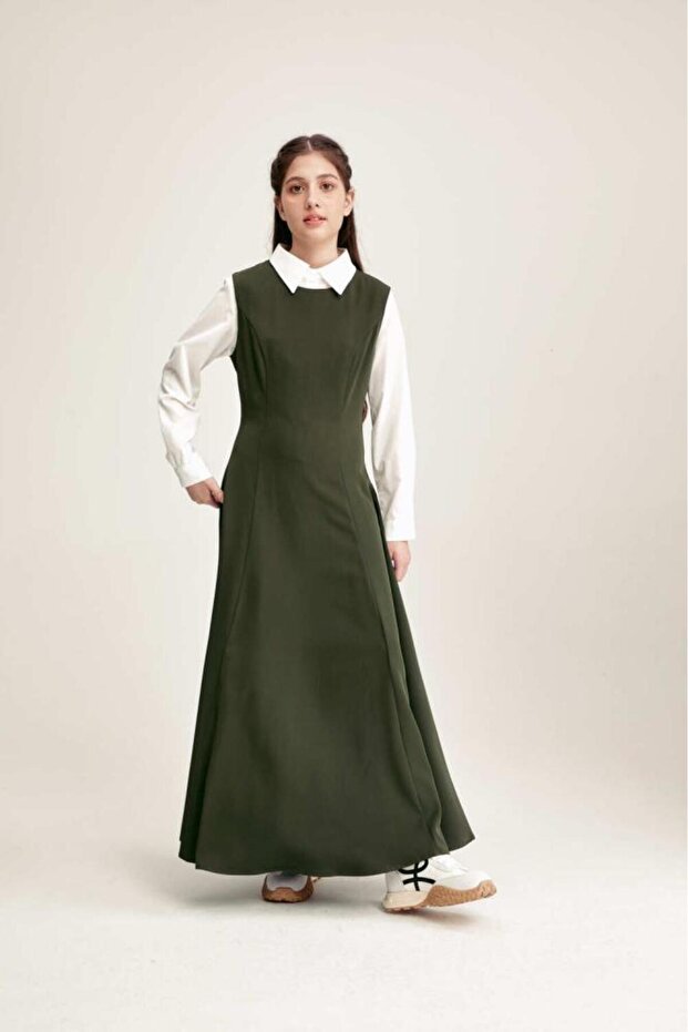 Flared School Pinafore with Zip Olive
