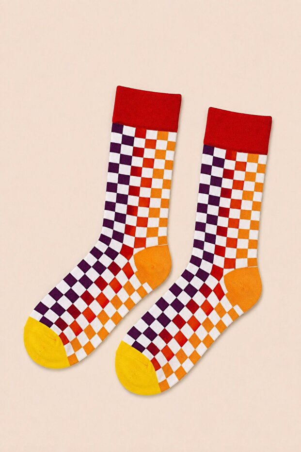 Colorful Checkerboard Patterned Socks Purple Red Orange Yellow