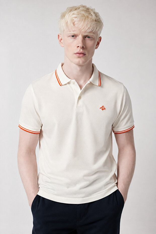Men's Ecru 100% Cotton Polo Collar T-Shirt Regular Fit Orange Striped Pique Fabric Short Sleeve Model