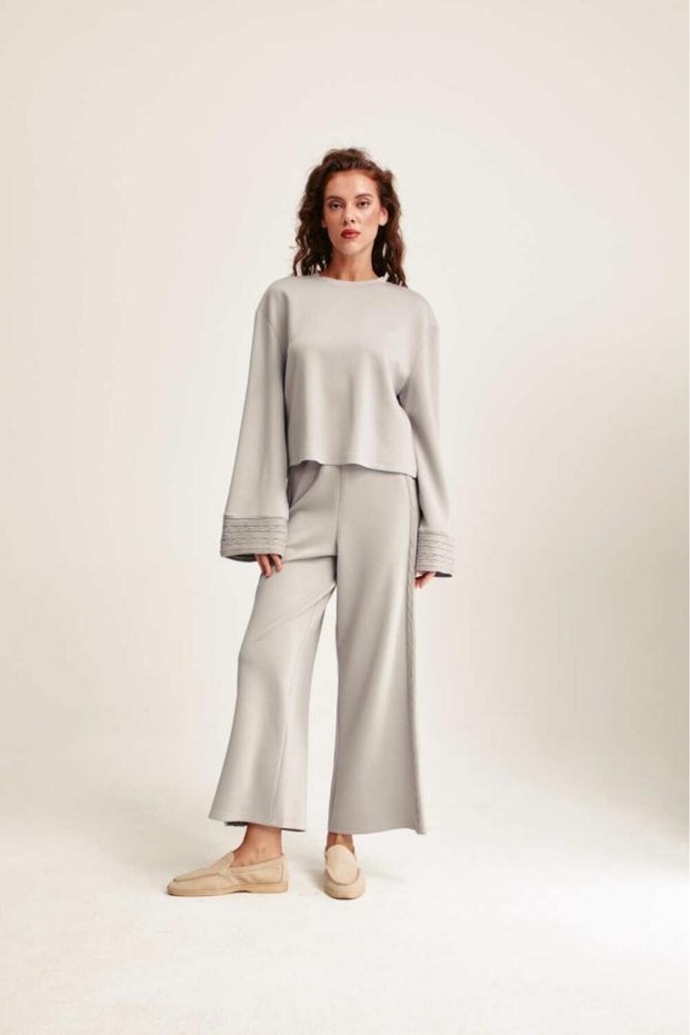 Plain Wide-Leg Trousers Grey