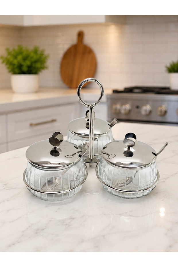 3-Piece Glass Spice Rack Set with Brass Stand and Spoon – 21X21X19 cm