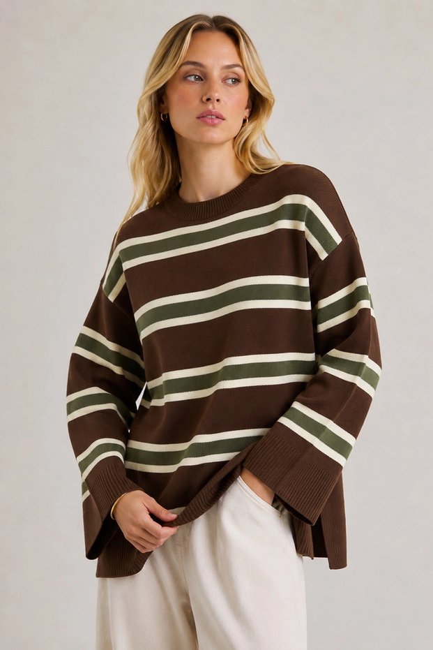Women's Brown Crew Neck Striped Loose Fit Knitwear Sweater