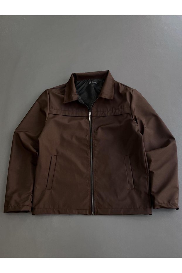 Men's Brown Zippered Stand Collar Seasonal Coat – Stylish Casual Jacket with Pockets