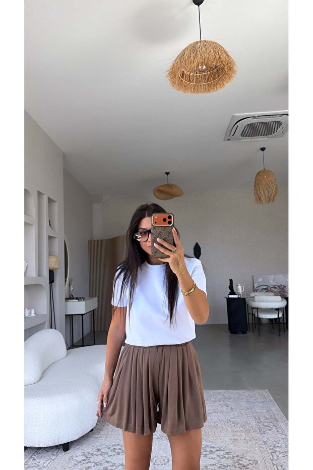 Brown Soft Pleated Shorts