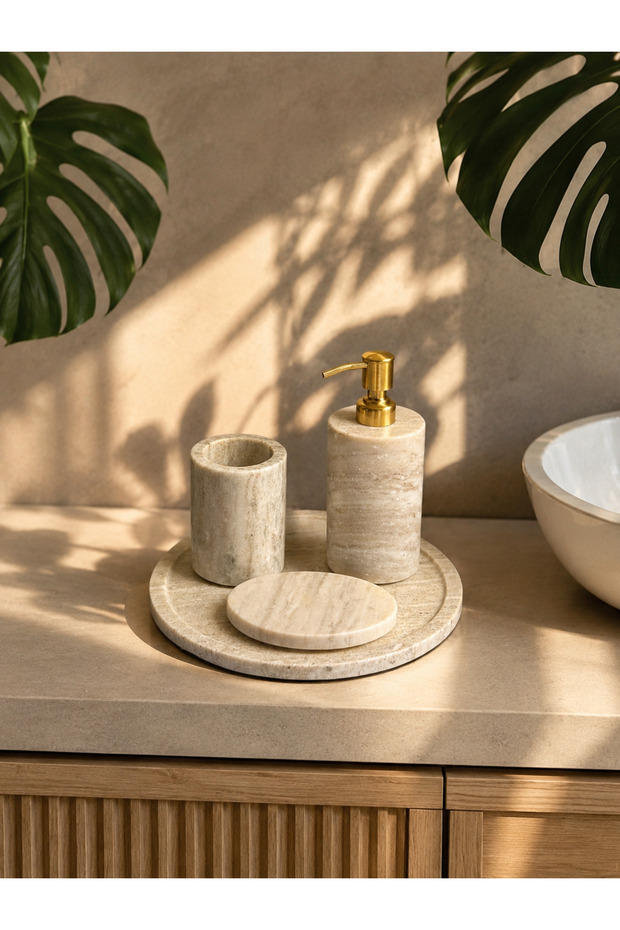 4-Piece Travertine Marble Bathroom Set with Gold Pump Liquid Soap Dispenser, Toothbrush Holder, Soap Dish and Tray