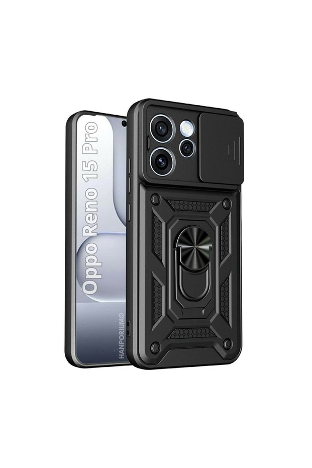 Oppo Reno 15 Pro Compatible Tank Case with Ring Stand Extra Impact Protection Armored Outdoor Cover Black