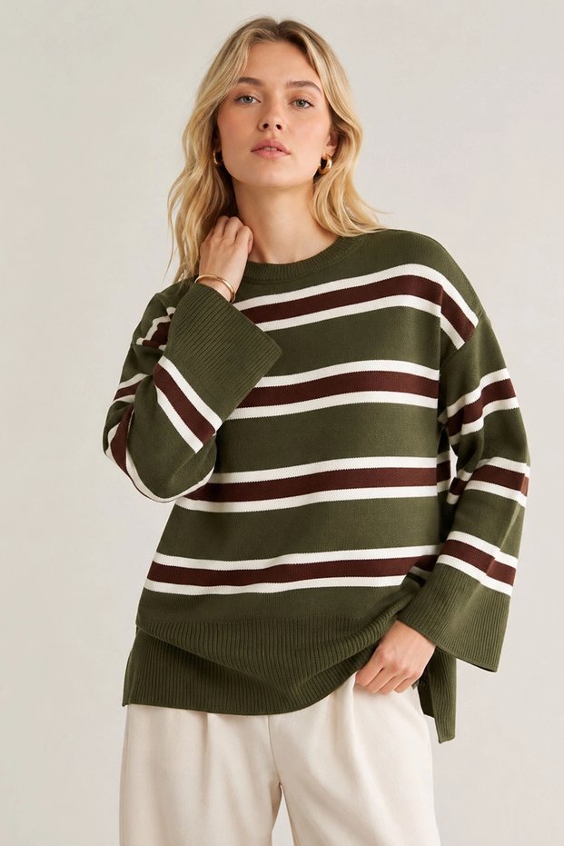 Women's Green Crew Neck Striped Loose Fit Knitwear Sweater
