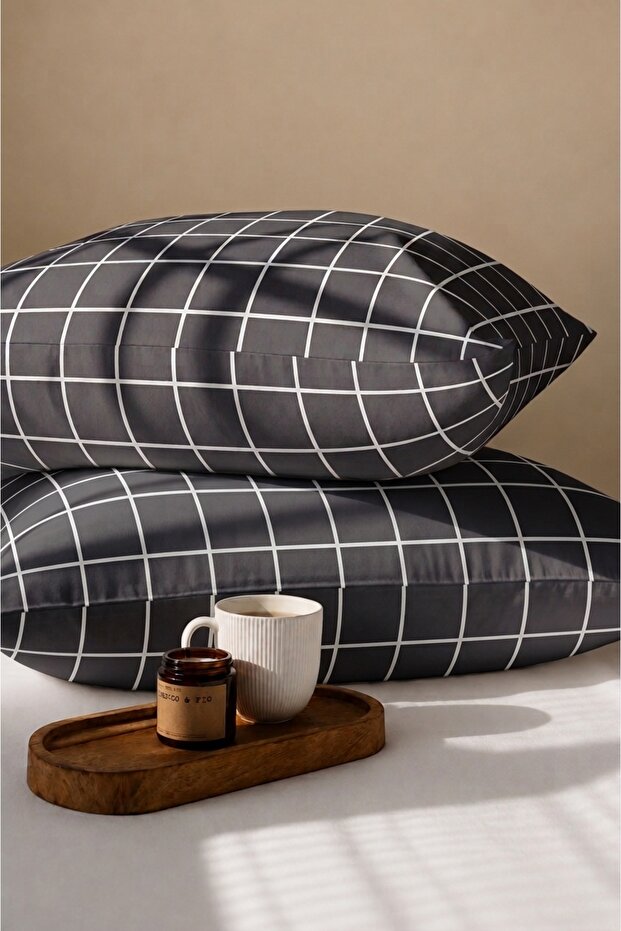 Anthracite Square Patterned Cotton Ranforce Fabric Zippered Pillowcase 2 Pieces 50X70 cm