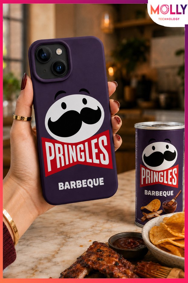 Deep Purple Pringles Barbeque Flavor Patterned Velvet Inside Silicone Case for iPhone 15