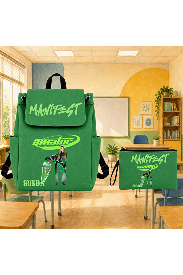 Manifest Written Sueda Design Premium Printed Canvas School Backpack Pen Holder Set