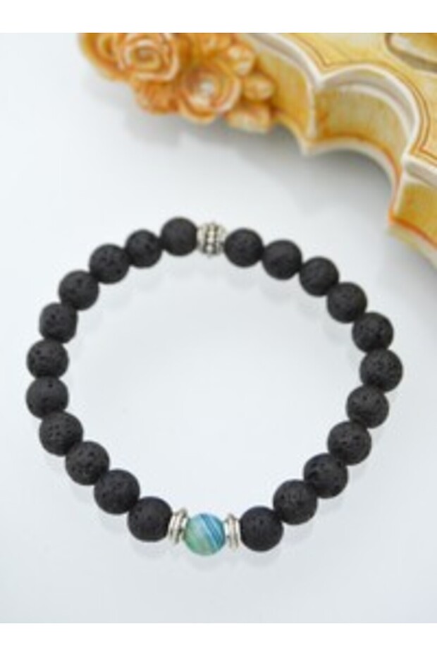 Blue Agate and Lava Stone Bracelet - Black -