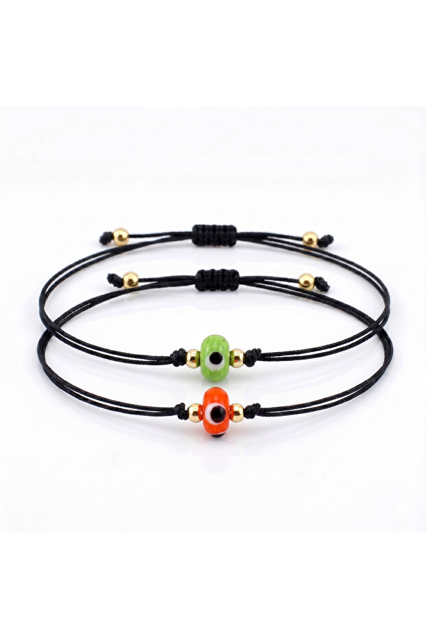 Orange and Green Glass Evil Eye Bead Double Set Adjustable Bracelet Bx0023