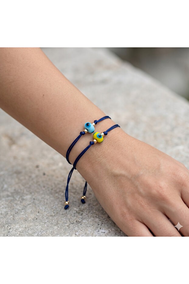Blue and Yellow Glass Evil Eye Bead Double Set Adjustable Bracelet Bx0026