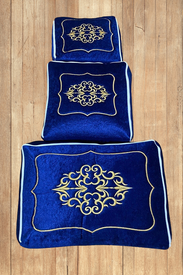 Çeyizlik Gold Embroidered Velvet Engagement Purse 3-Piece Engagement Bridal Purse, Bohça Bridal Purse Set - Navy Blue