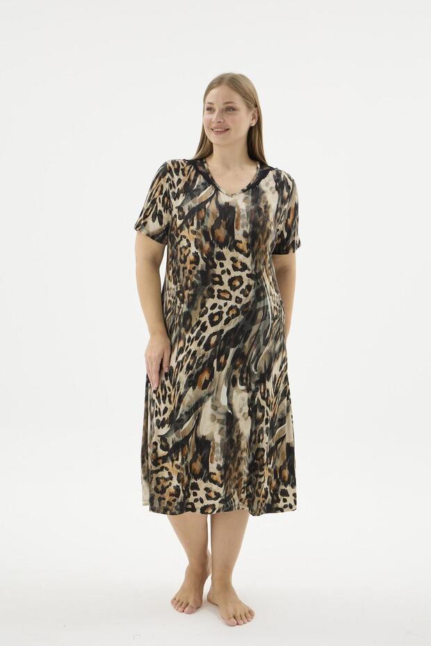 17691 Leopard Large Size Half Sleeve Dress Nightgown