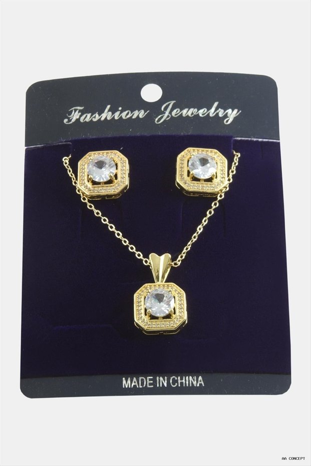 CONCEPTA Square Zircon Stone Necklace Set (165502) Silver Color