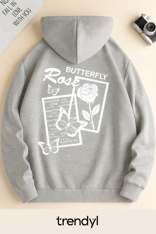 Unisex Oversize 3 Thread Yarn Kangaroo Pocket Blue "Butterfly, Rose and Butterfly" Printed Hooded Sweatshirt