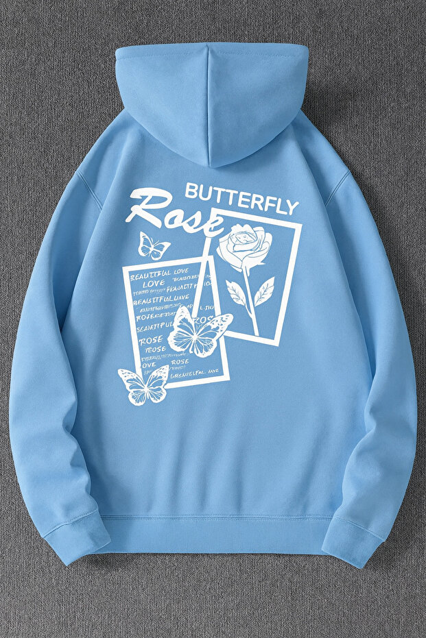 Unisex Oversize 3 Thread Yarn Kangaroo Pocket Blue "Butterfly, Rose and Butterfly" Printed Hooded Sweatshirt