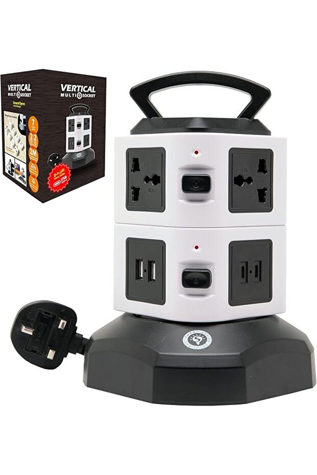 شريط طاقة متعدد المنافذ مع كابل قابل للسحب بطول 2 متر، يحتوي على منفذين USB-A و2 منفذ USB-C، مقبس عالمي