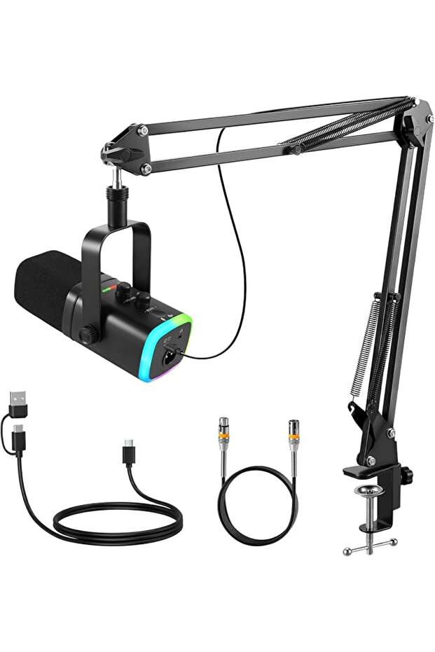 ميكروفون ديناميكي XLR USB مع مقبس سماعات الرأس، تحكم في مستوى الصوت، وزر كتم الصوت. وظيفة الصدى