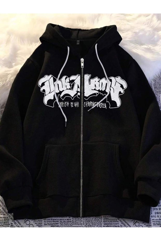 Black Ink Army Sweatshirt Zip-Up Cardigan - Printed Oversized Winter Hoodie with Pockets