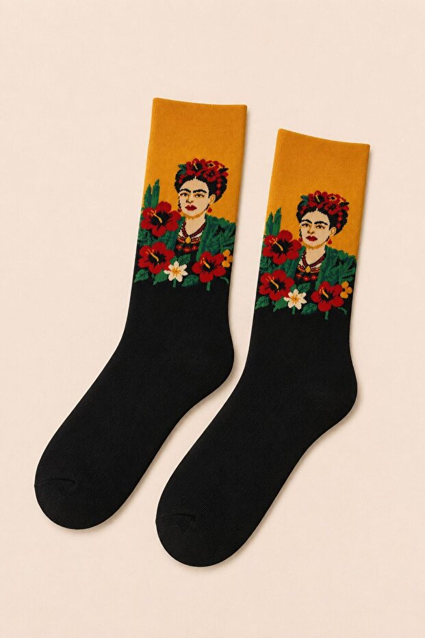 Frida Kahlo Patterned Black Mustard Unisex Socks 🎨 🌺
