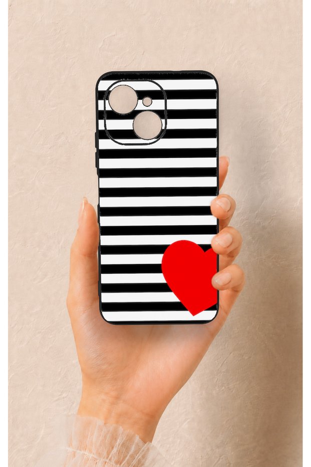 Tecno Spark 40C Compatible Striped Red Heart Pattern Silicone Case